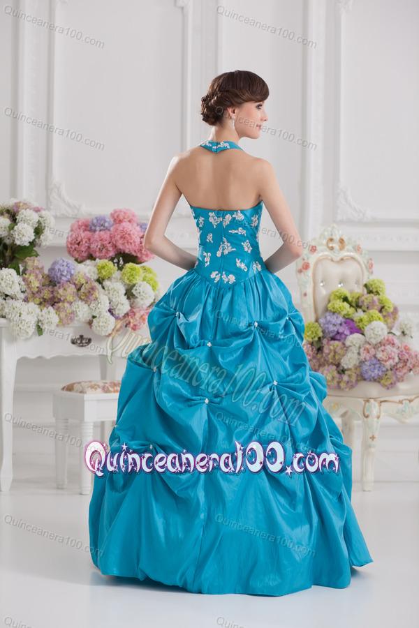 Princess Taffeta Appliques Ruffles Teal Quinceanera Dress with Halter Top