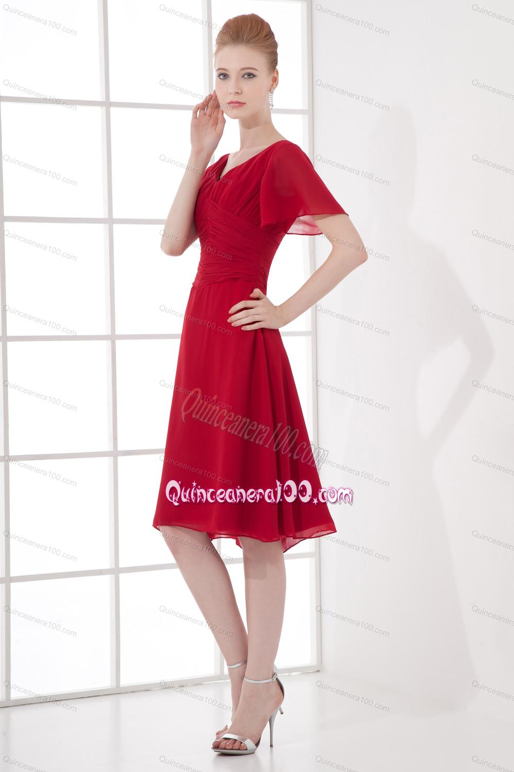 Wine Red Empire Ruching V-neck Short Sleeves Dresses for Dama