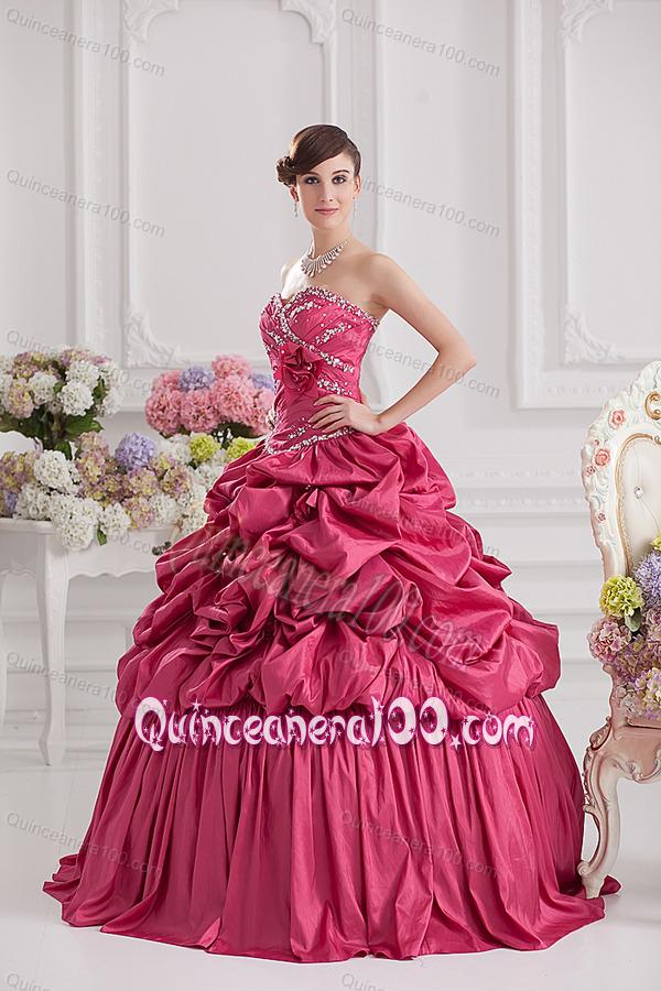 2014 Spring Ball Gown Sweetheart Hand Made Flowers Beading Pick-ups Quinceanera Dress in R