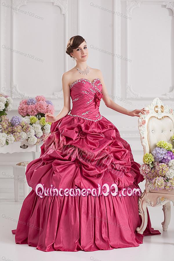 2014 Spring Ball Gown Sweetheart Hand Made Flowers Beading Pick-ups Quinceanera Dress in R