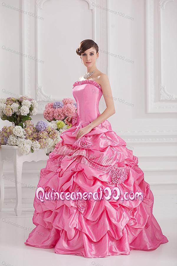 Ball Gown Strapless Pick-ups Rose Pink Quinceanera Dress with Hand Made Flowers