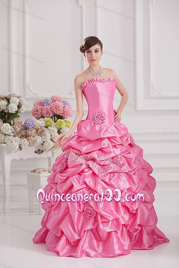 Ball Gown Strapless Pick-ups Rose Pink Quinceanera Dress with Hand Made Flowers