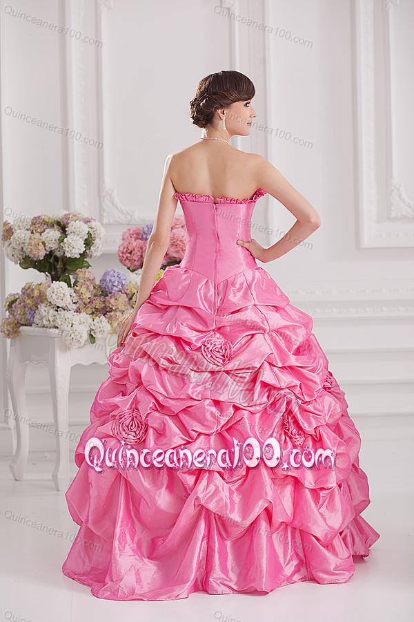 Ball Gown Strapless Pick-ups Rose Pink Quinceanera Dress with Hand Made Flowers