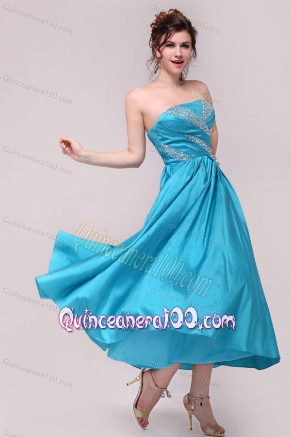 Elegant Aqua Blue A-Line Strapless Taffeta Beading Ankle -length Dresses for Dama