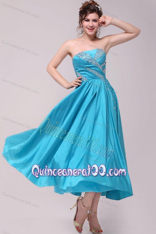 Elegant Aqua Blue A-Line Strapless Taffeta Beading Ankle -length Dresses for Dama