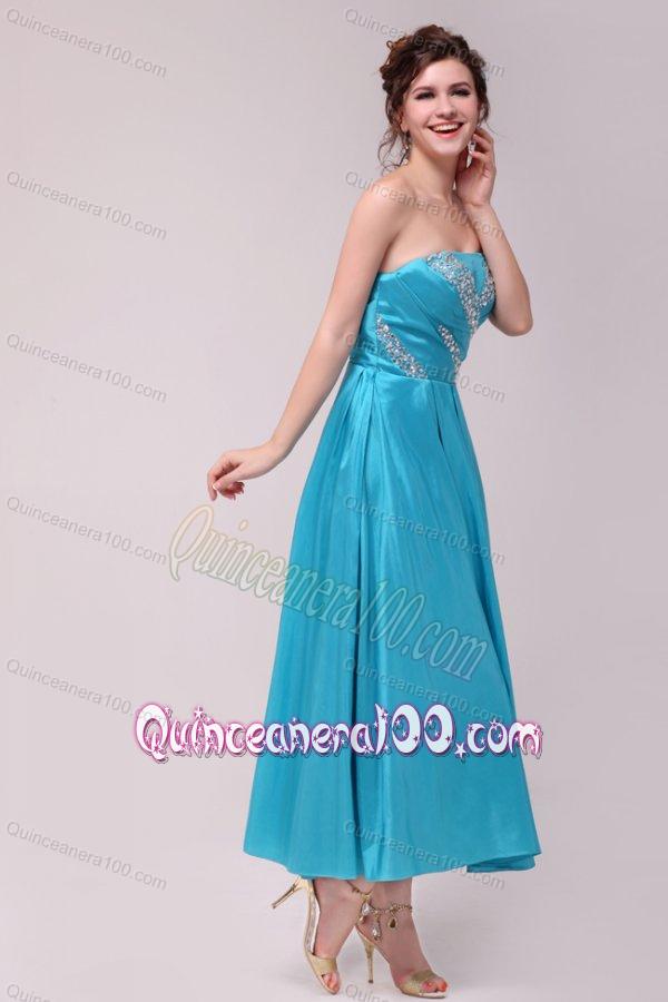 Elegant Aqua Blue A-Line Strapless Taffeta Beading Ankle -length Dresses for Dama