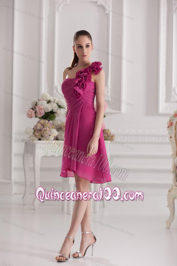 Empire One Shoulder Hand Made Flowers Ruching Fuchsia Dama Dresses