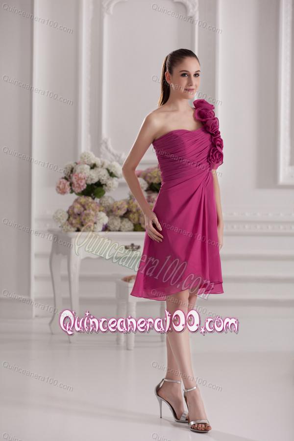 Empire One Shoulder Hand Made Flowers Ruching Fuchsia Dama Dresses