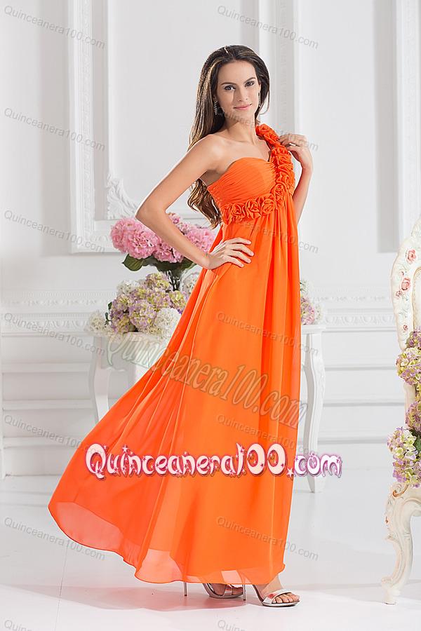 Empire Ruching Hand Make Flowers Orange Red Dresses for Dama