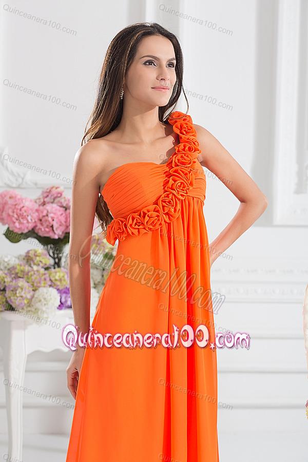 Empire Ruching Hand Make Flowers Orange Red Dresses for Dama