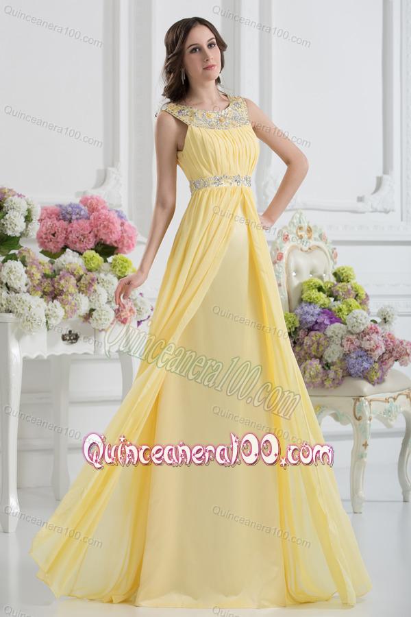 Empire Scoop Beading Ruching Light Yellow Dresses for Dama