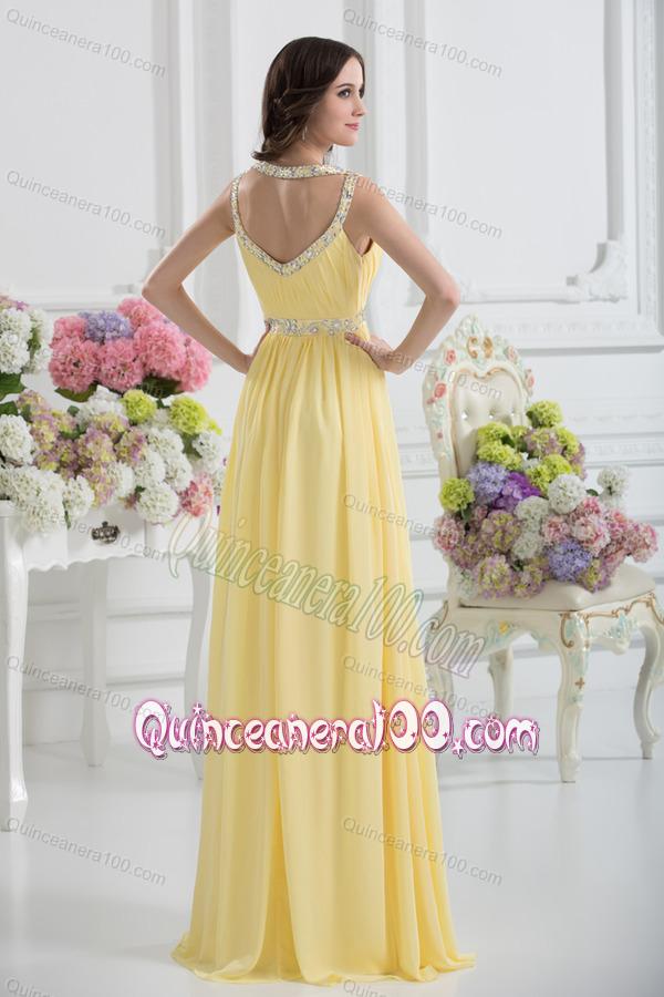 Empire Scoop Beading Ruching Light Yellow Dresses for Dama