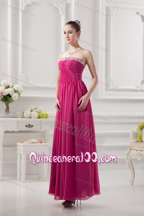 Empire Strapless Ankle-length Beading Chiffon Hot Pink Dresses for Dama