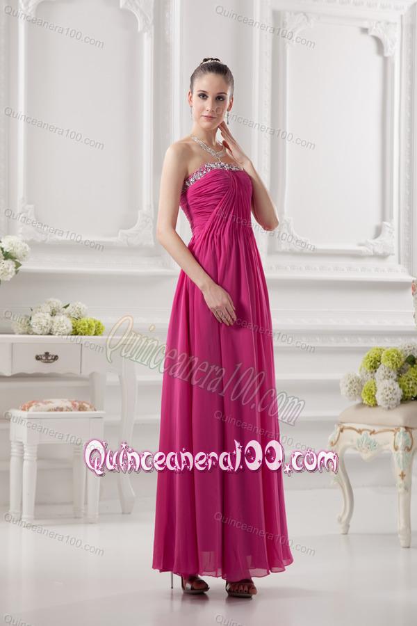 Empire Strapless Ankle-length Beading Chiffon Hot Pink Dresses for Dama