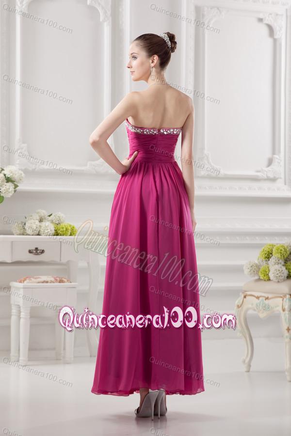 Empire Strapless Ankle-length Beading Chiffon Hot Pink Dresses for Dama