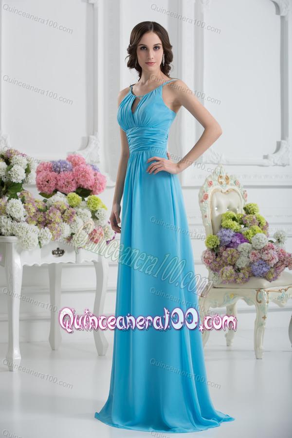 Empire Straps Ruching Baby Blue Floor-length Chiffon Dama Dresses