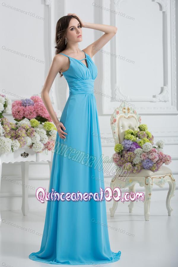 Empire Straps Ruching Baby Blue Floor-length Chiffon Dama Dresses