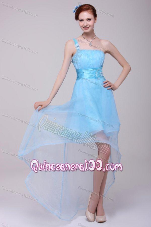 Light Blue One Shoulder High-low Beaded Decorate Dresses for Dama