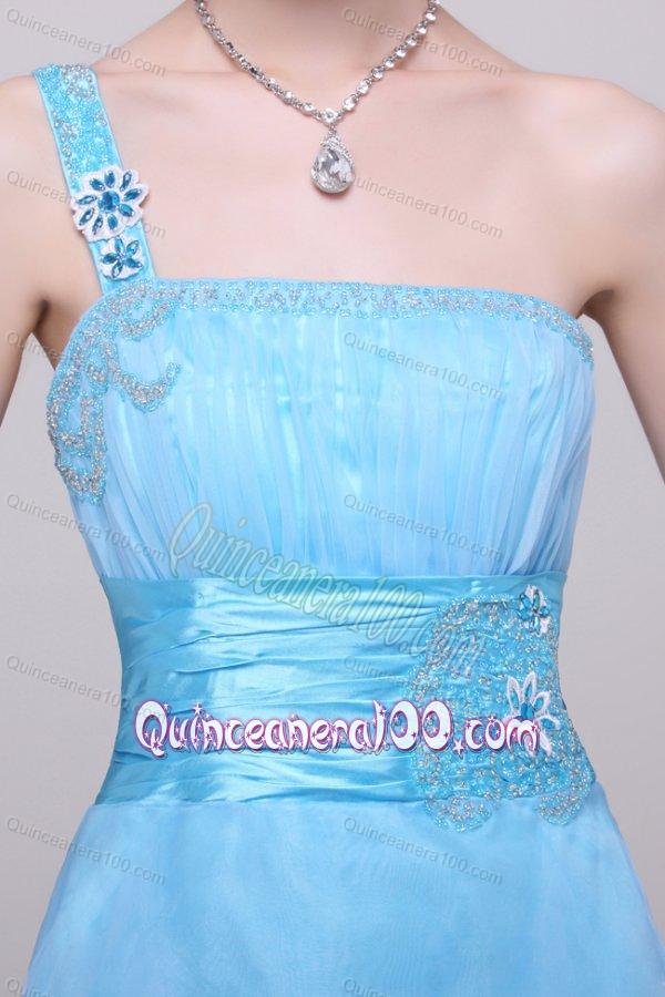 Light Blue One Shoulder High-low Beaded Decorate Dresses for Dama