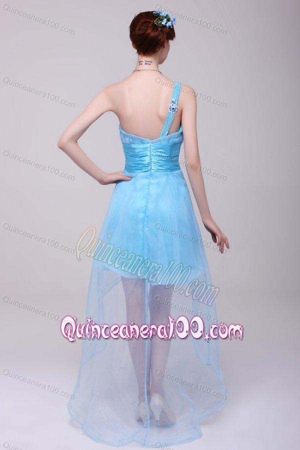 Light Blue One Shoulder High-low Beaded Decorate Dresses for Dama