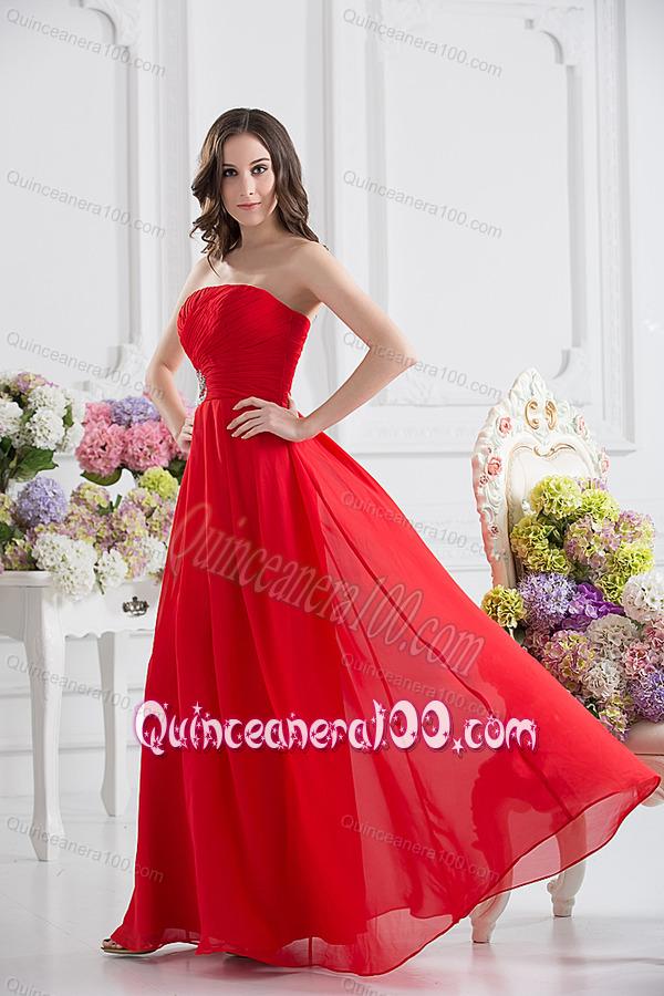 Red Empire Strapless Chiffon Floor-length Dama Dresses