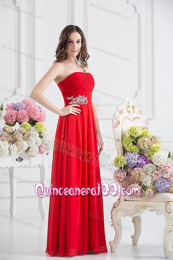 Red Empire Strapless Chiffon Floor-length Dama Dresses