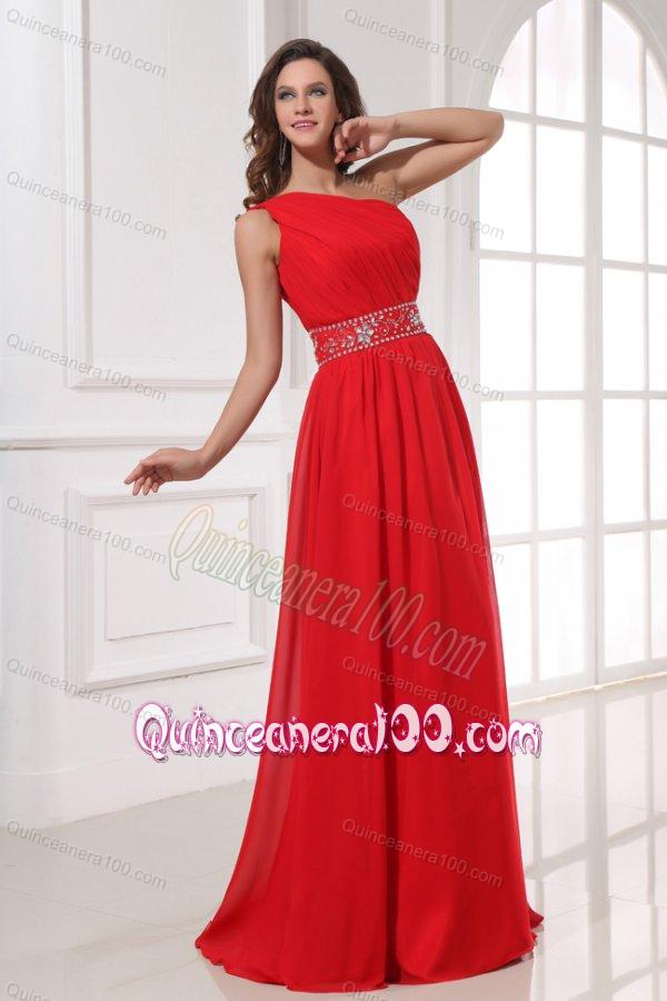 Red One Shoulder Beaded Decorate Waist Floor-length Dresses for Dama