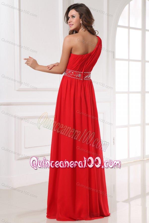 Red One Shoulder Beaded Decorate Waist Floor-length Dresses for Dama