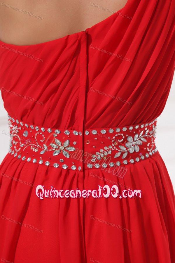 Red One Shoulder Beaded Decorate Waist Floor-length Dresses for Dama