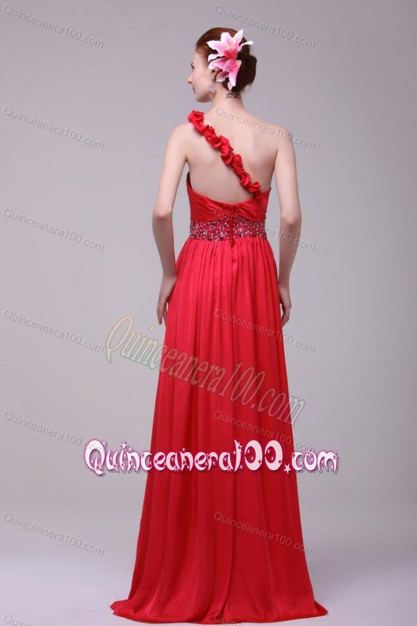 Red One Shoulder Beading and Flowers Brush Train Dama Dress for Quinceanera