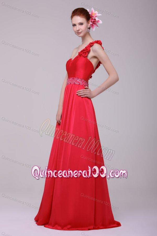 Red One Shoulder Beading and Flowers Brush Train Dama Dress for Quinceanera