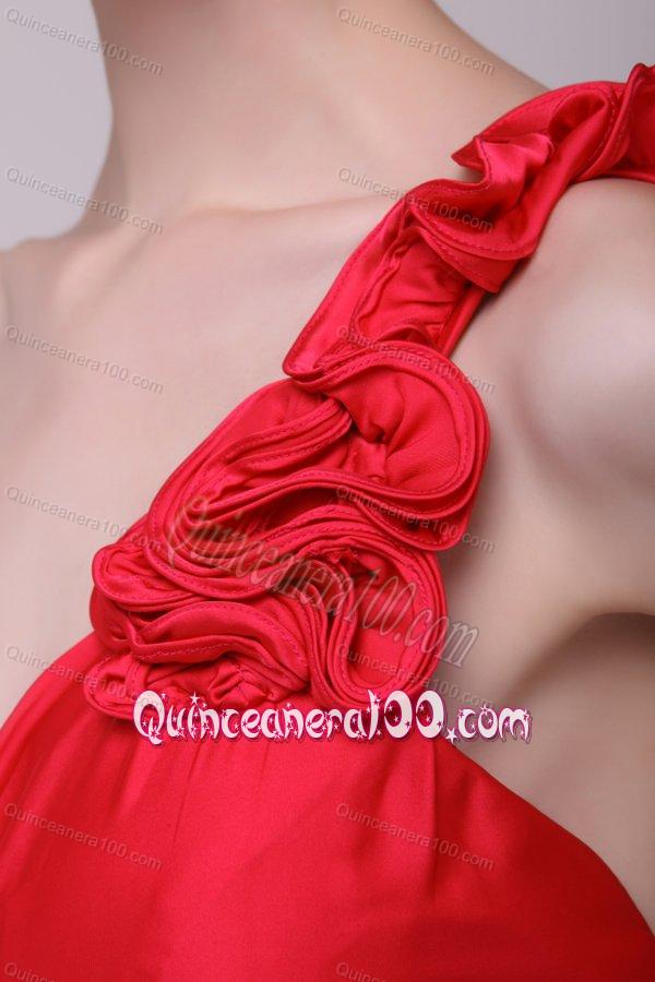 Red One Shoulder Beading and Flowers Brush Train Dama Dress for Quinceanera