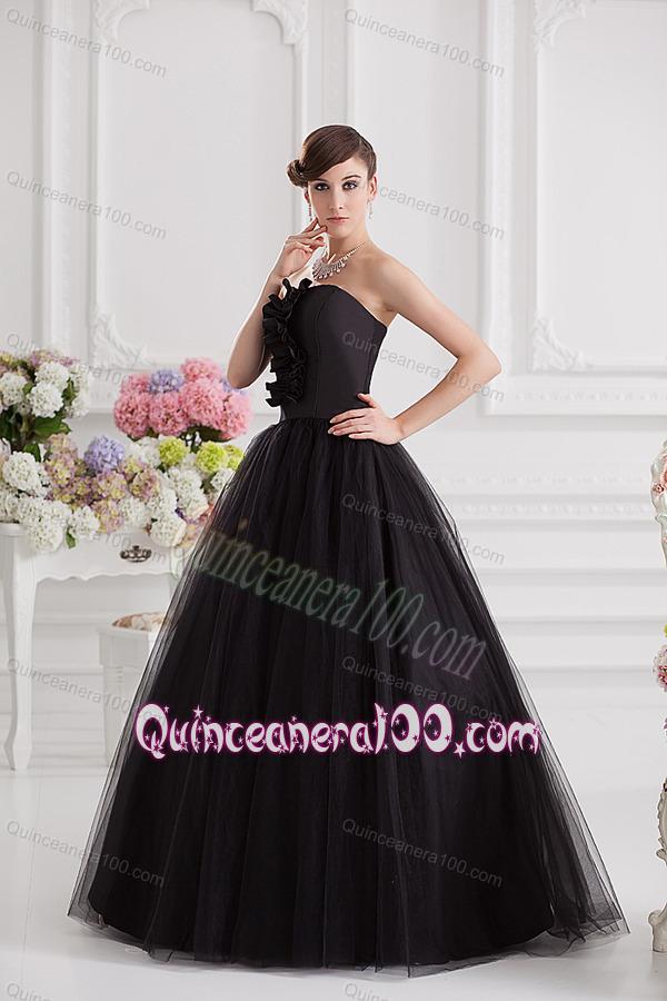 Simple A-line Strapless Tulle Black Quinceanera Dress with Ruffles