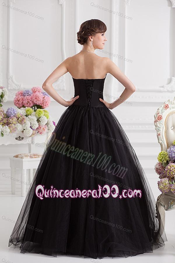 Simple A-line Strapless Tulle Black Quinceanera Dress with Ruffles