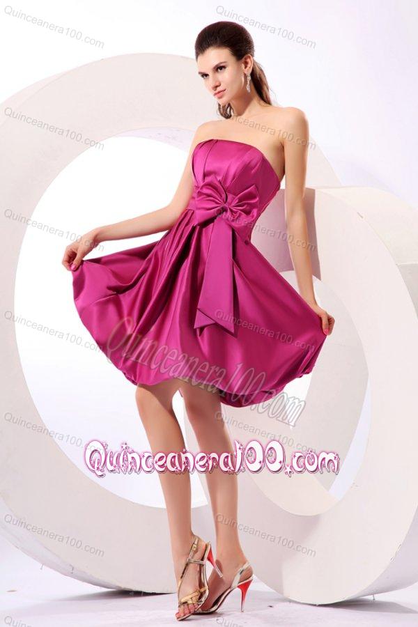 Strapless Fuchsia Dresses for Dama with Bow Knot A-line Knee-length