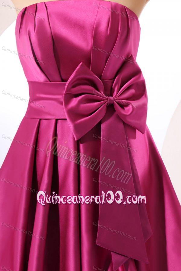 Strapless Fuchsia Dresses for Dama with Bow Knot A-line Knee-length