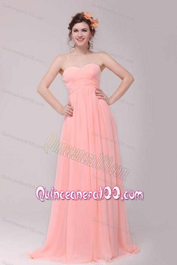 Sweetheart Ruche Chiffon Empire Peach Dresses for Dama with Brush Train