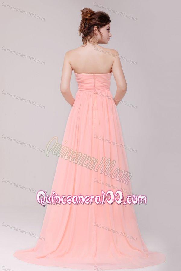 Sweetheart Ruche Chiffon Empire Peach Dresses for Dama with Brush Train