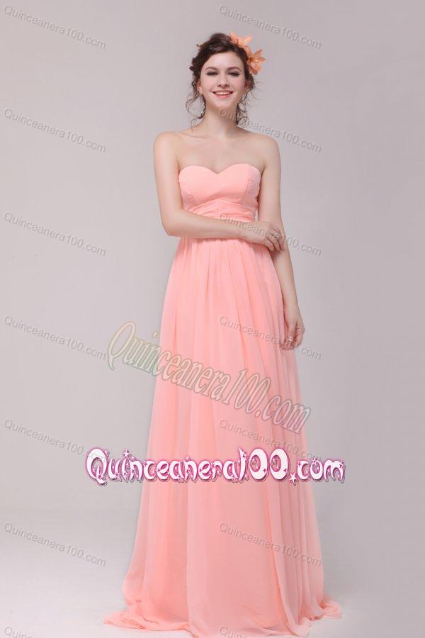 Sweetheart Ruche Chiffon Empire Peach Dresses for Dama with Brush Train