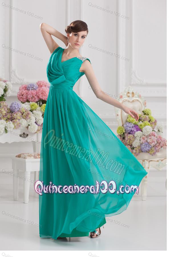 V-neck Empire Turquoise Chiffon Dresses for Dama with Ruching and Beading