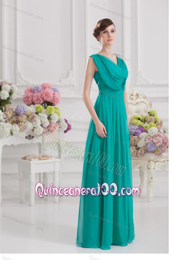 V-neck Empire Turquoise Chiffon Dresses for Dama with Ruching and Beading