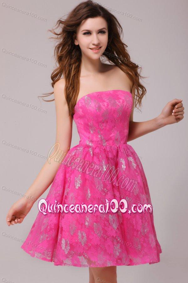 A-line Hot Pink Strapless Knee-length Dresses for Dama