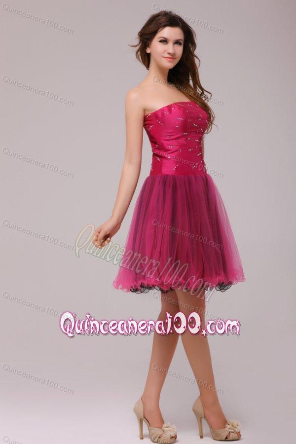 A-line Strapless Beading Organza Fuchsia Dama Dresses