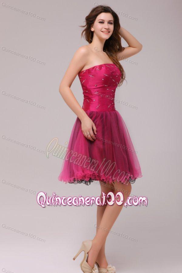 A-line Strapless Beading Organza Fuchsia Dama Dresses