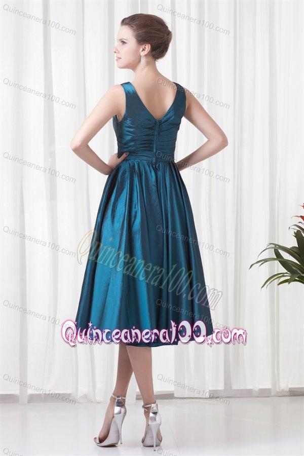 A-line V-neck Teal Taffeta Ruching Knee-length Dresses for Dama