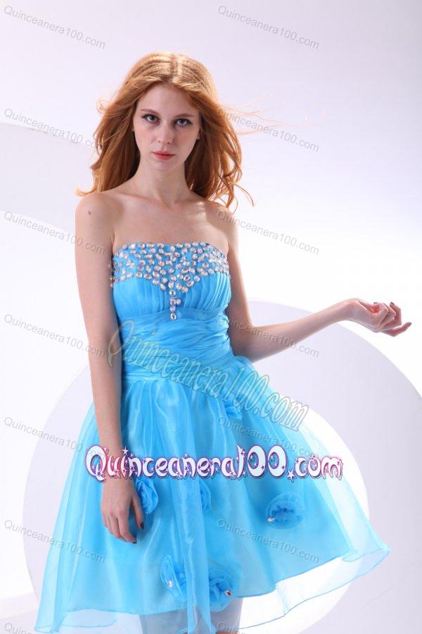 Aqua Blue Dama Dress for Quinceanera with Strapless Beaded and Flowers