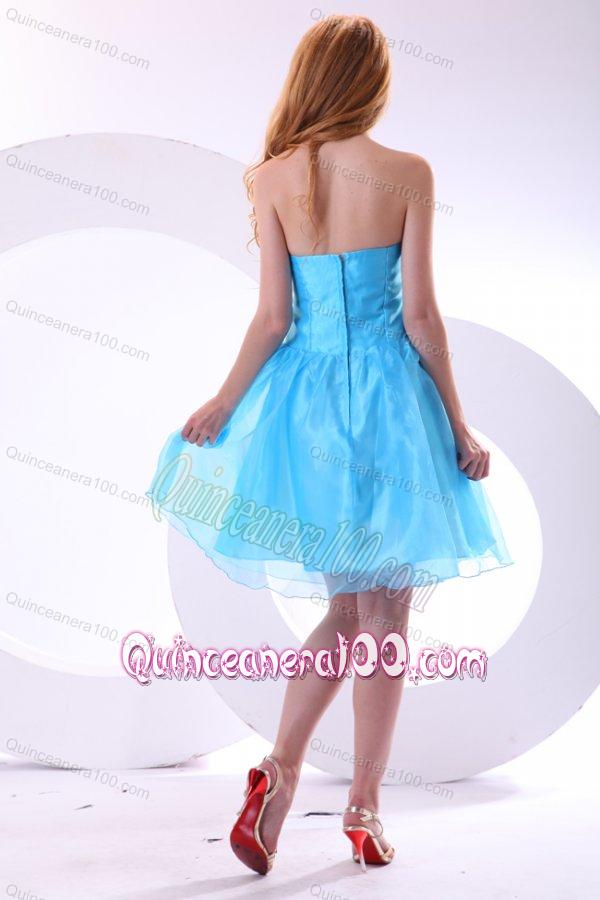 Aqua Blue Dama Dress for Quinceanera with Strapless Beaded and Flowers