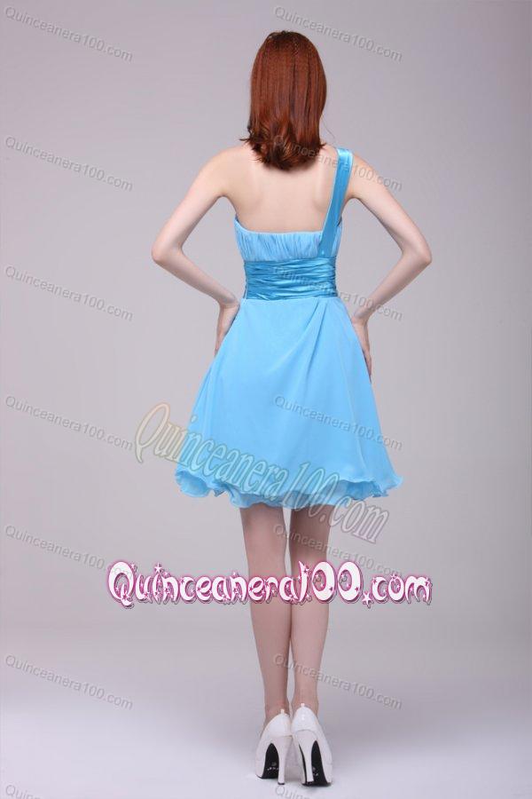 Baby Blue One Shoulder Ruching Dama Dresses with Chiffon