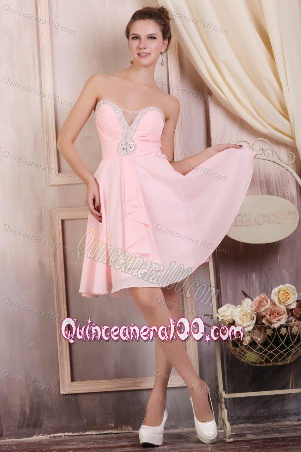 Baby Pink Empire Sweetheart Short Dama Dresses with Beading