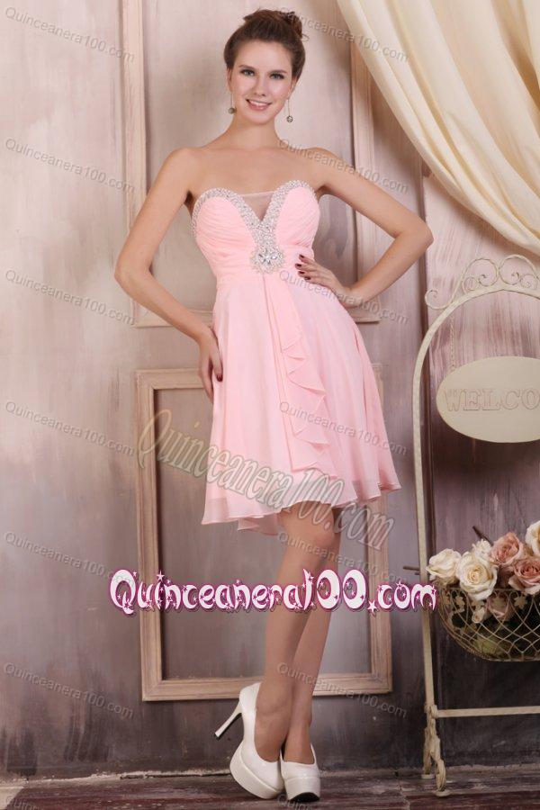 Baby Pink Empire Sweetheart Short Dama Dresses with Beading